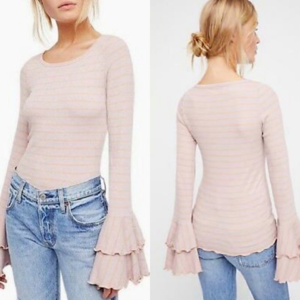 Free People Good Finds Ruffle Cuff Long Sleeve Tee Size S Bell Sleeve Boho Top